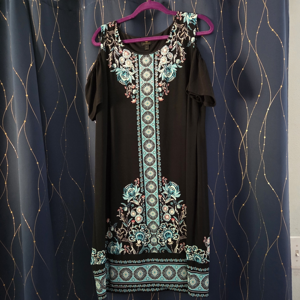 JM Collection Black Dress with Teal Floral Accents